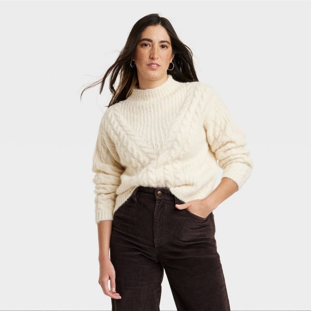 Women's Cable Mock Turtleneck Pullover Sweater - Universal Thread Cream M